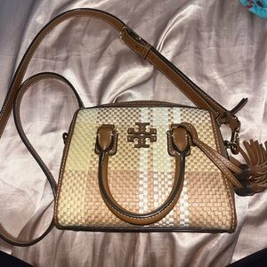 TORY BURCH thea mini woven satchel brown tan